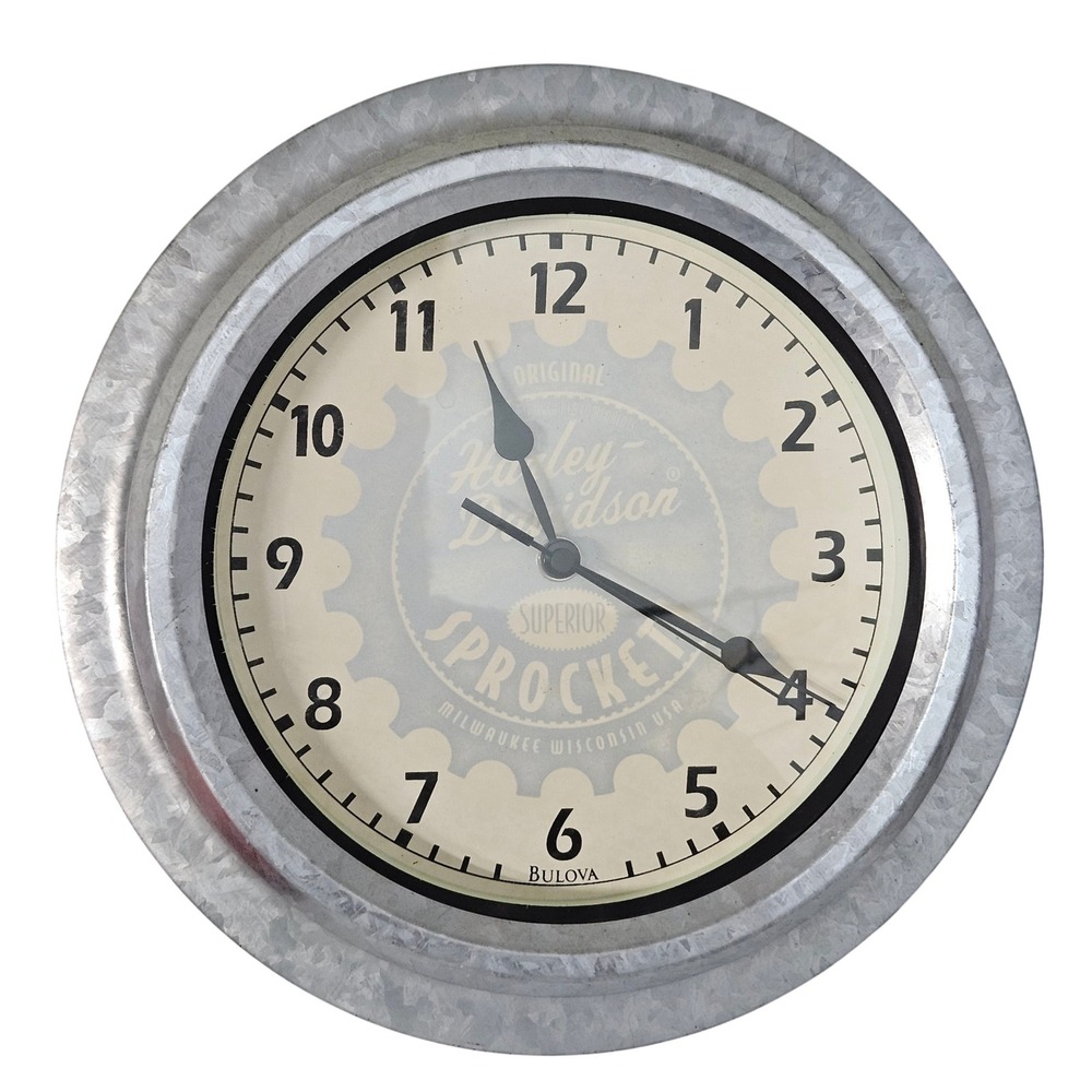 Harley-Davidson Vintage Wall Clock 12.5in Silver Galvanized Bulova Sprocket 2001